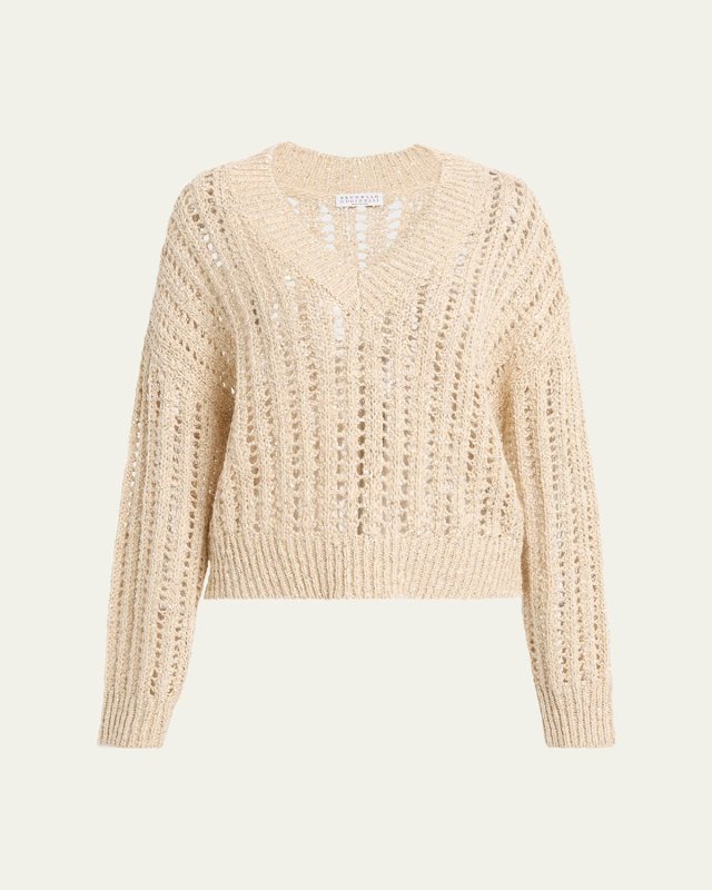V-Neck Paillette Open-Weave Knit Sweat